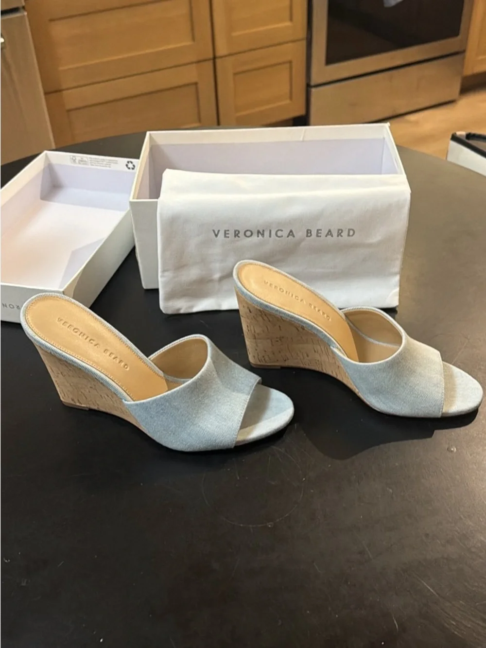 Veronica Beard Light Blue Denim Cork Wedge Mules
